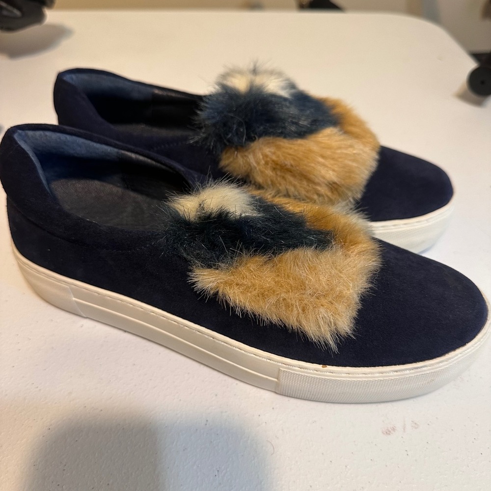 J/Slides NYC Slip On Sneakers Womens 8 Navy Blue Faux Fur Suede Platform Loafers